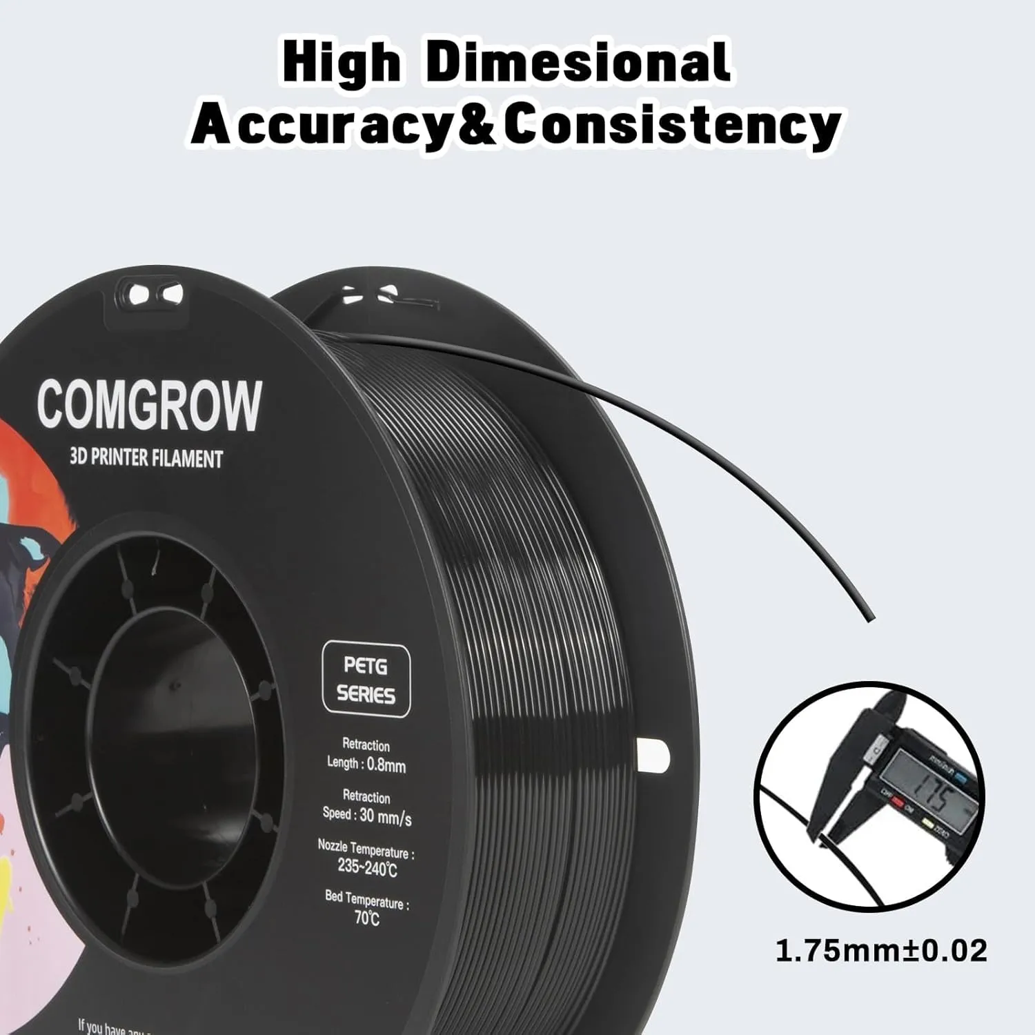 Comgrow PETG 3D Printer Filament 1.75mm, High Precision and Tough 3D Printer Filament 6 Rolls*1kg, Dimensional Accuracy  /- 0.02 mm, Fit Most 3D Printers Black
