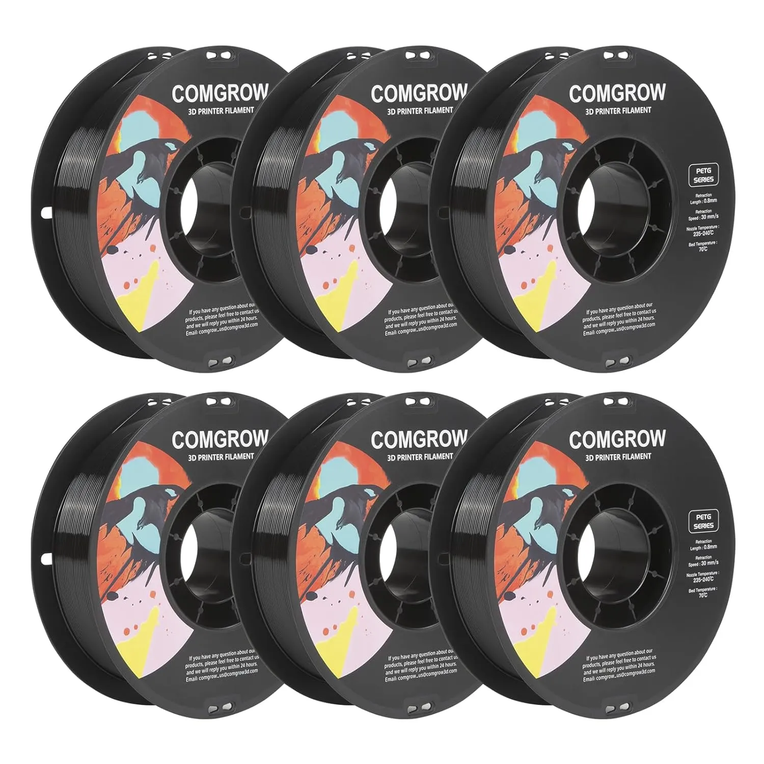 Comgrow PETG 3D Printer Filament 1.75mm, High Precision and Tough 3D Printer Filament 6 Rolls*1kg, Dimensional Accuracy  /- 0.02 mm, Fit Most 3D Printers Black