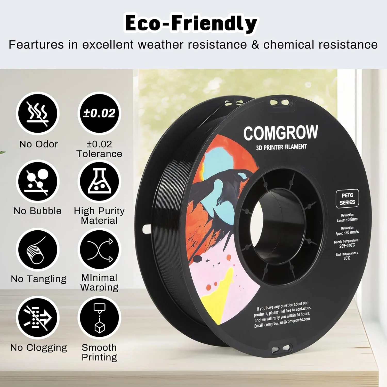 Comgrow PETG 3D Printer Filament 1.75mm, High Precision and Tough 3D Printer Filament 6 Rolls*1kg, Dimensional Accuracy  /- 0.02 mm, Fit Most 3D Printers Black