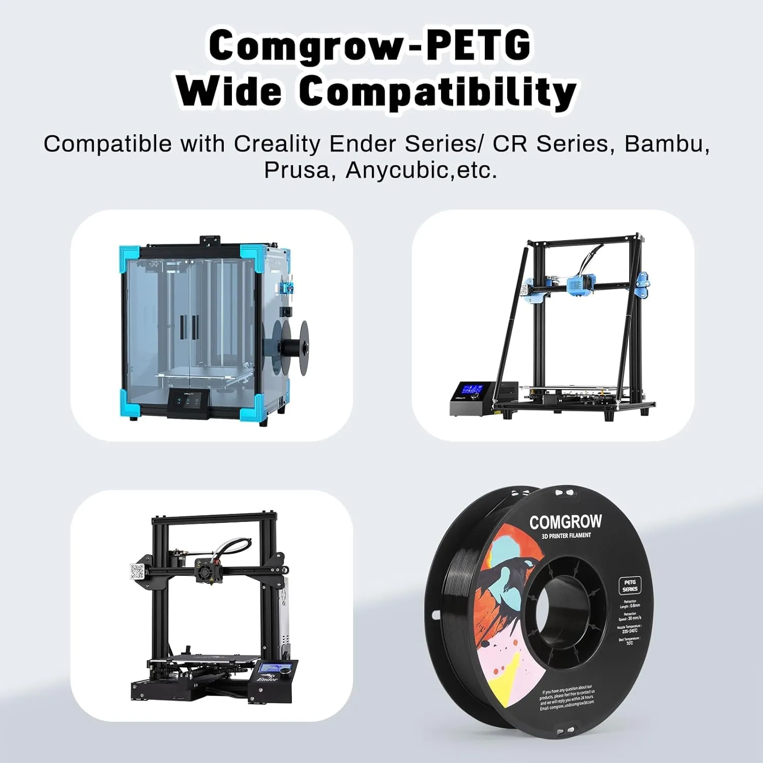 Comgrow PETG 3D Printer Filament 1.75mm, High Precision and Tough 3D Printer Filament 6 Rolls*1kg, Dimensional Accuracy  /- 0.02 mm, Fit Most 3D Printers Black