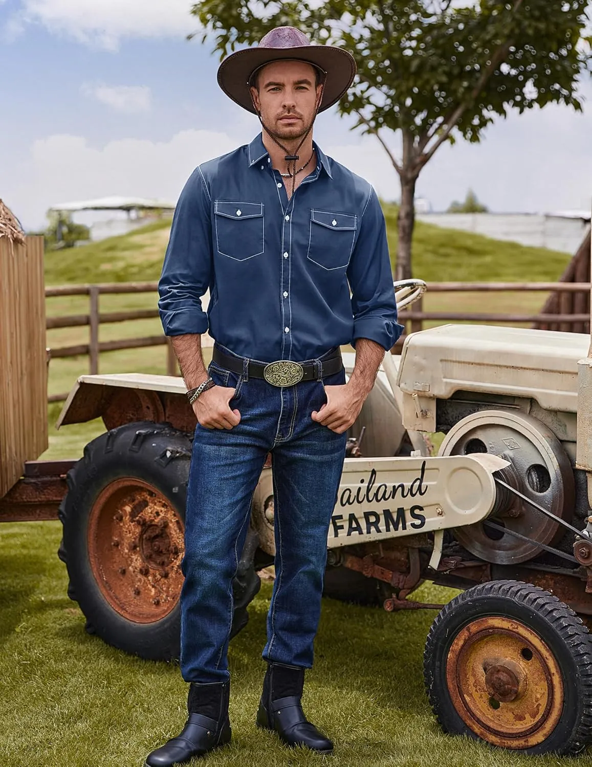 COOFANDY Mens Western Cowboy Shirts Cotton Long Sleeve Shirts with Two Pockets Embroidered