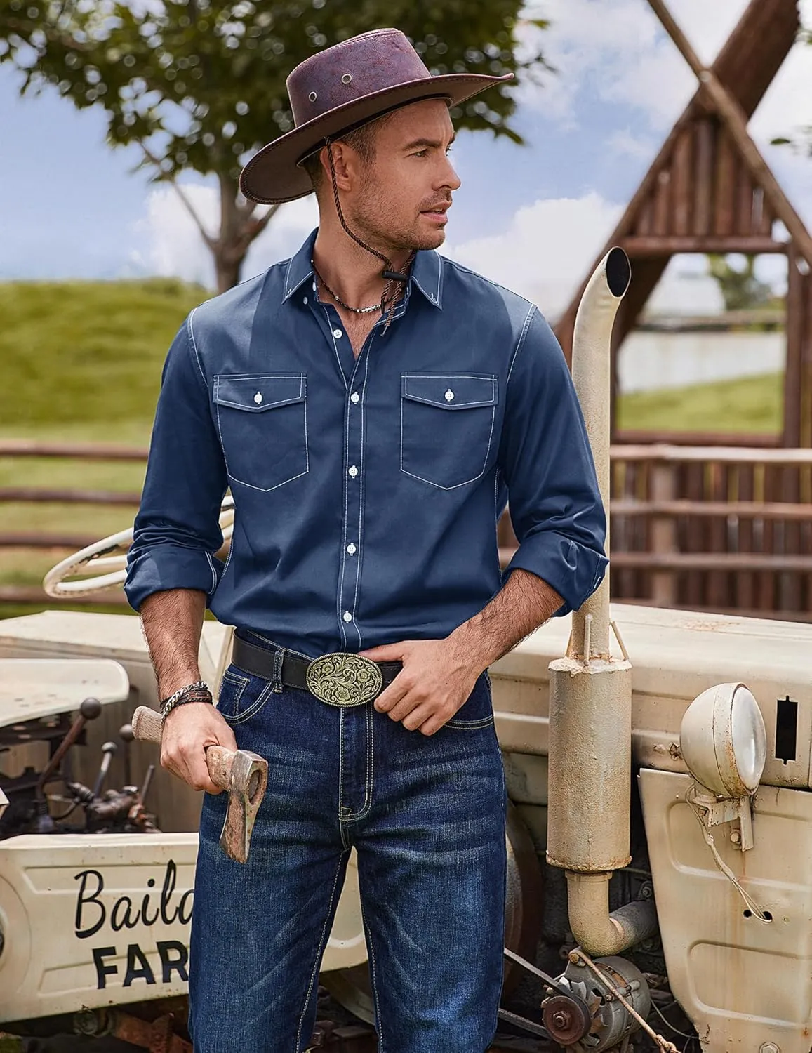 COOFANDY Mens Western Cowboy Shirts Cotton Long Sleeve Shirts with Two Pockets Embroidered