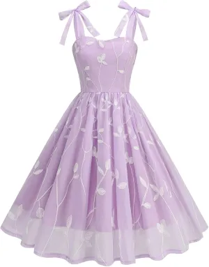 CORIRESHA Women's Vintage 1950s Leaves Embroidered Tie Shoulder Hepburn Style Tea Party Swing Dress