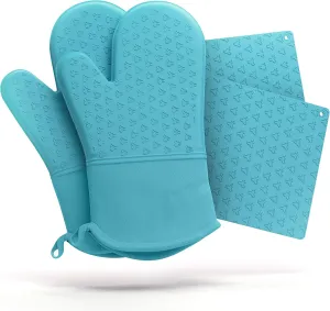 Cosy House Collection 4-Piece Oven Mitt & Pot Holder Set - 500°F Heat Resistant Trivet Cooking Gloves - Flexible, Durable & Comfortable Long-Lasting Silicone - Cooking, Baking & Grilling (Turquoise)