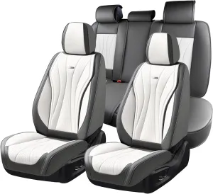 Coverado Front and Back Seat Covers, Waterproof Car Seat Cover, 5 Seat Leather Seat Cover for Cars, Universal Car Seat Protector, Automotive Seat Cover Car Seat Cushion Fit for Most Cars (Gray&White)