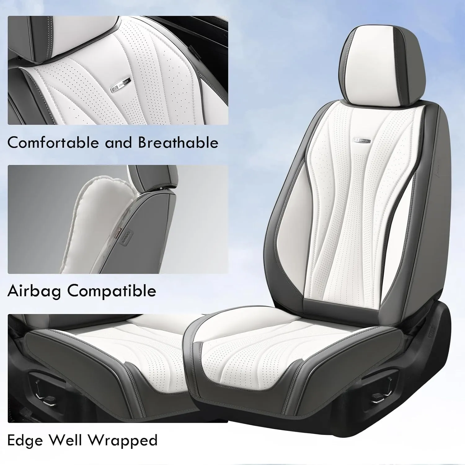 Coverado Front and Back Seat Covers, Waterproof Car Seat Cover, 5 Seat Leather Seat Cover for Cars, Universal Car Seat Protector, Automotive Seat Cover Car Seat Cushion Fit for Most Cars (Gray&White)