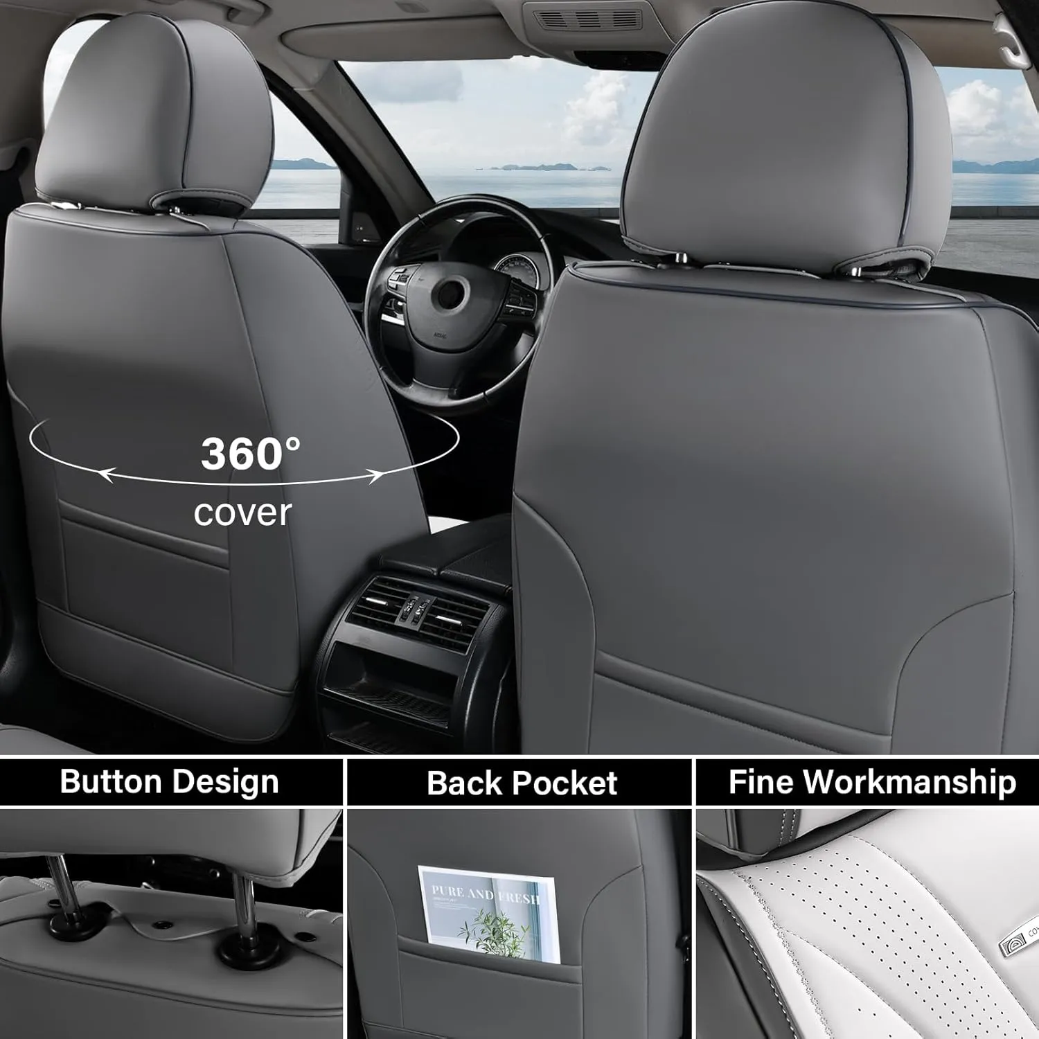 Coverado Front and Back Seat Covers, Waterproof Car Seat Cover, 5 Seat Leather Seat Cover for Cars, Universal Car Seat Protector, Automotive Seat Cover Car Seat Cushion Fit for Most Cars (Gray&White)
