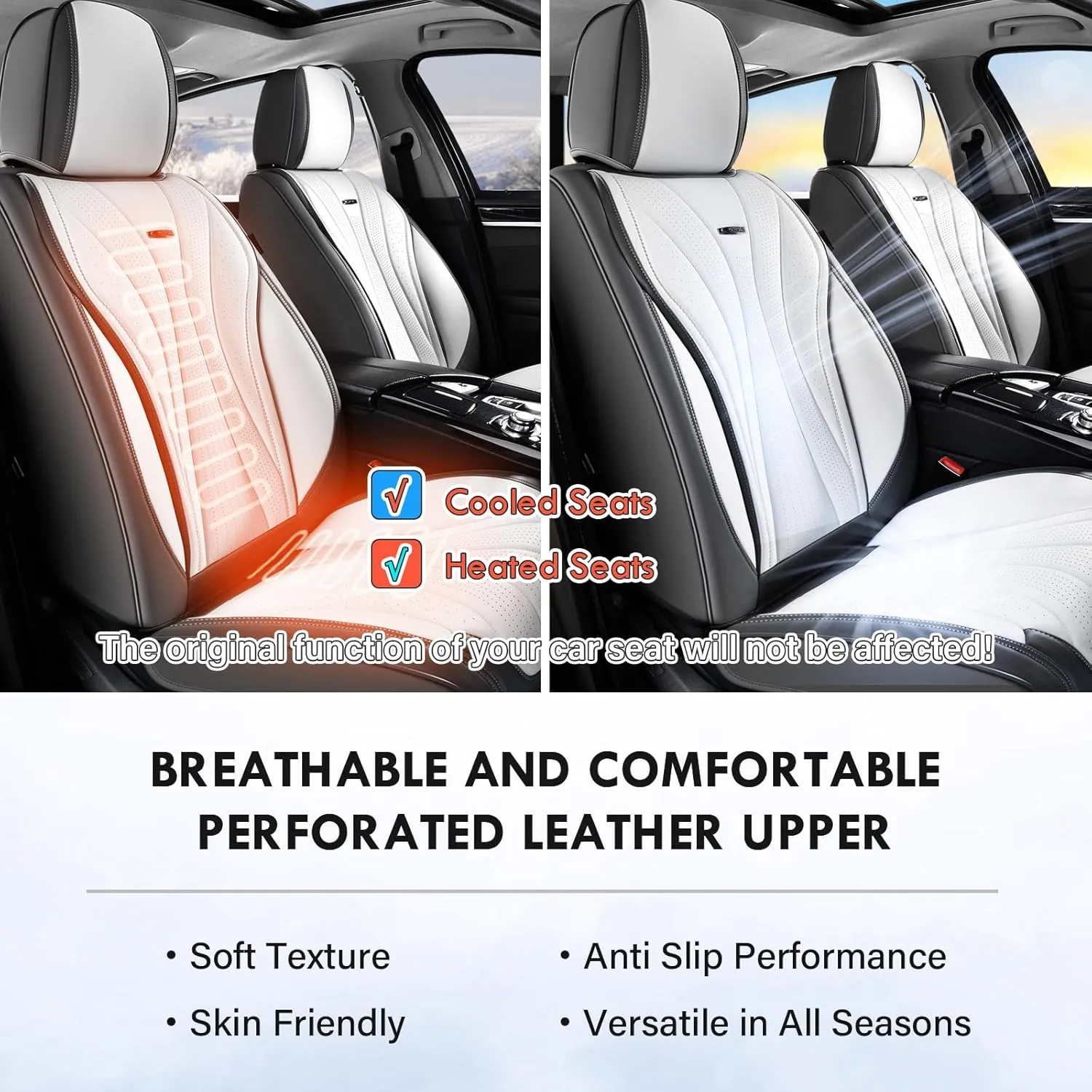 Coverado Front and Back Seat Covers, Waterproof Car Seat Cover, 5 Seat Leather Seat Cover for Cars, Universal Car Seat Protector, Automotive Seat Cover Car Seat Cushion Fit for Most Cars (Gray&White)