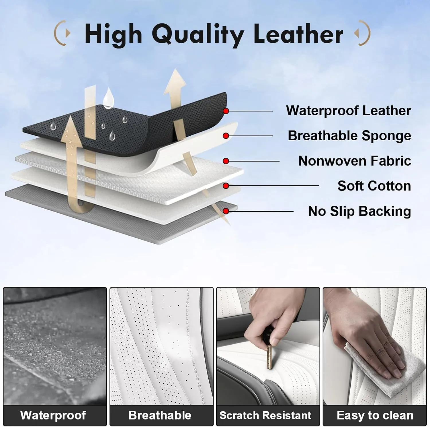 Coverado Front and Back Seat Covers, Waterproof Car Seat Cover, 5 Seat Leather Seat Cover for Cars, Universal Car Seat Protector, Automotive Seat Cover Car Seat Cushion Fit for Most Cars (Gray&White)