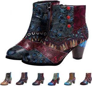 Cowboy Boots Woman 2024 Retro Lambskin High Heel Boots，Leather Round Toe Pump Ankle Booties Trendy Chunky High Heels Dress Short Boots for Ladies