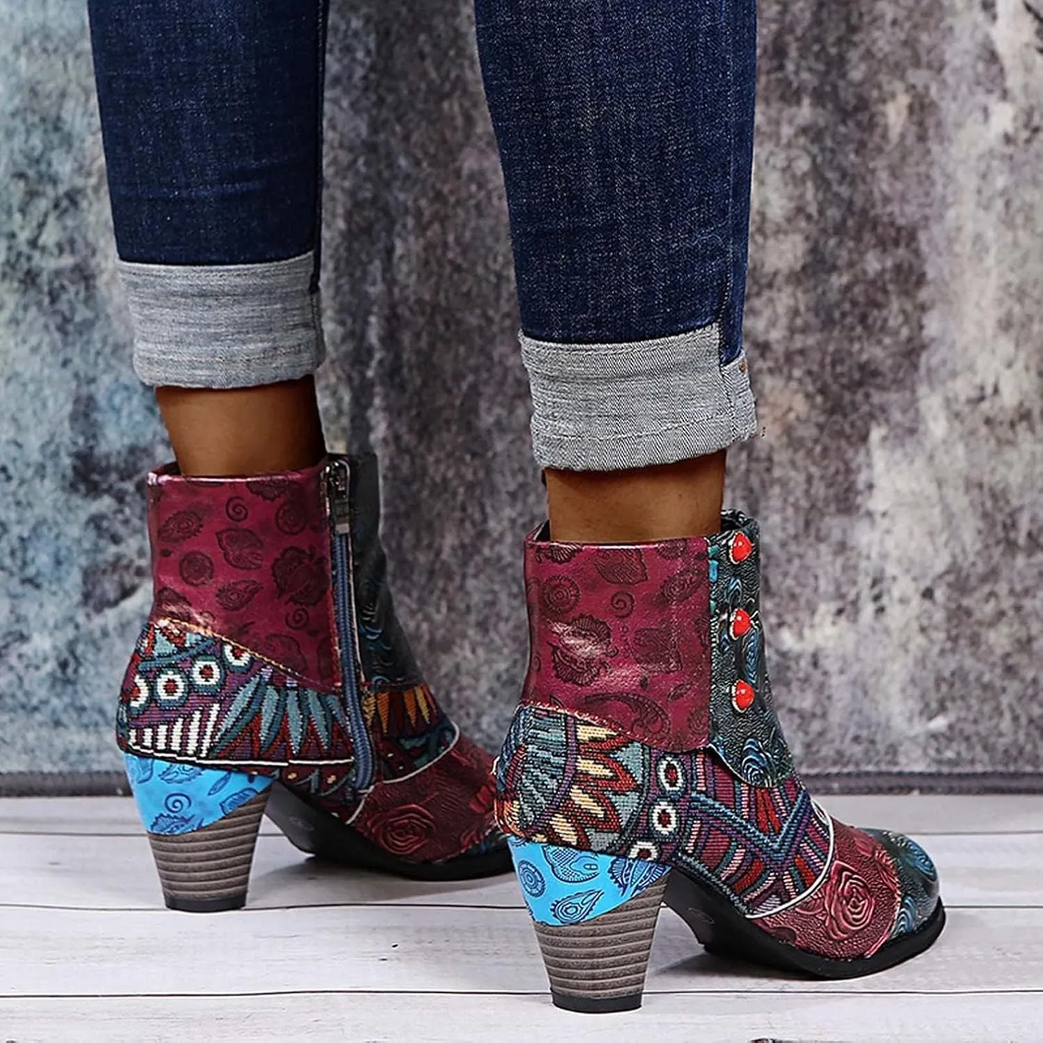 Cowboy Boots Woman 2024 Retro Lambskin High Heel Boots，Leather Round Toe Pump Ankle Booties Trendy Chunky High Heels Dress Short Boots for Ladies