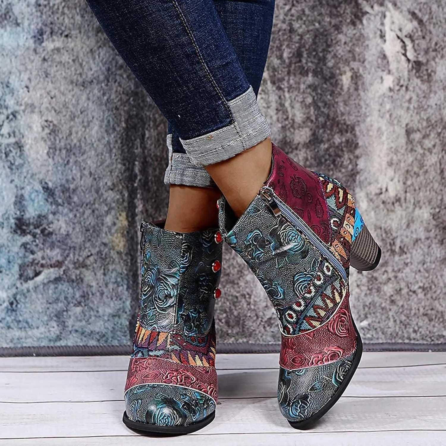 Cowboy Boots Woman 2024 Retro Lambskin High Heel Boots，Leather Round Toe Pump Ankle Booties Trendy Chunky High Heels Dress Short Boots for Ladies