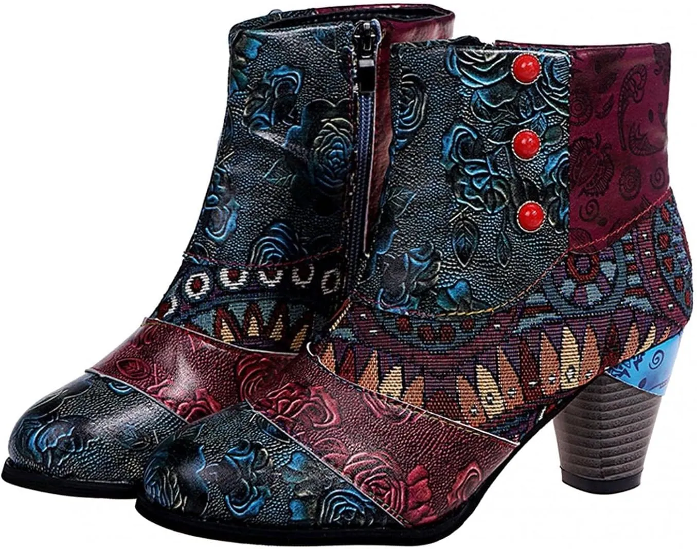 Cowboy Boots Woman 2024 Retro Lambskin High Heel Boots，Leather Round Toe Pump Ankle Booties Trendy Chunky High Heels Dress Short Boots for Ladies