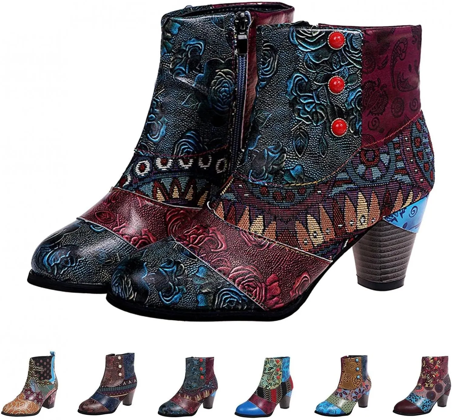 Cowboy Boots Woman 2024 Retro Lambskin High Heel Boots，Leather Round Toe Pump Ankle Booties Trendy Chunky High Heels Dress Short Boots for Ladies