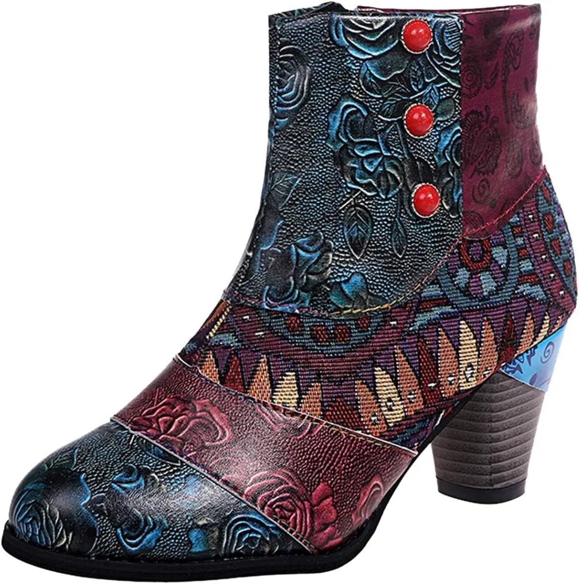 Cowboy Boots Woman 2024 Retro Lambskin High Heel Boots，Leather Round Toe Pump Ankle Booties Trendy Chunky High Heels Dress Short Boots for Ladies
