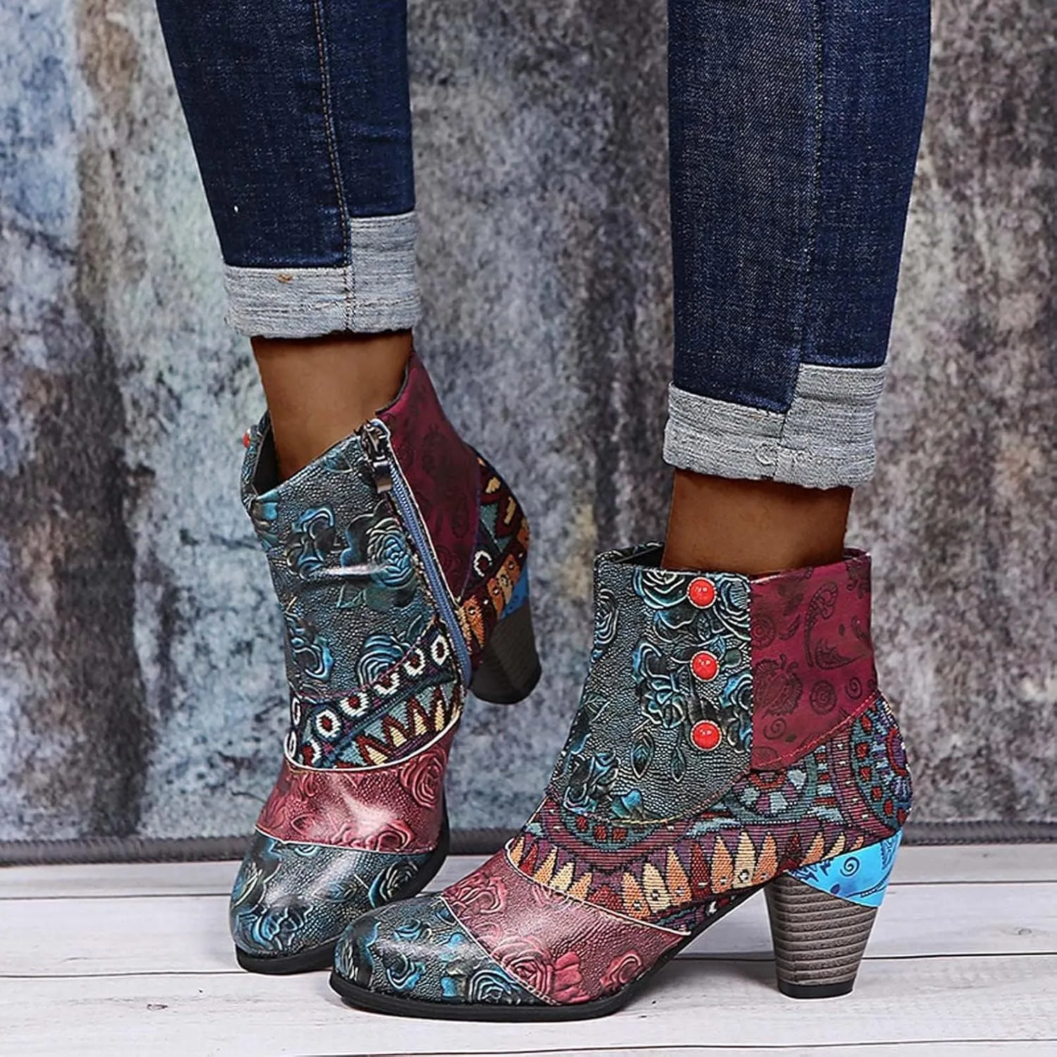Cowboy Boots Woman 2024 Retro Lambskin High Heel Boots，Leather Round Toe Pump Ankle Booties Trendy Chunky High Heels Dress Short Boots for Ladies