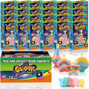 Create Your Own Magic Sand Art Glitter Activity | Glow in the Dark Colored Custom Sand Kits for Kids - Includes 12 Bottles, Funnels, Sticks, 60 Bags of Colorful Sand | DIY Arts and Crafts (24 Pack)