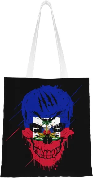 Creative Haiti Patriot Skull National Flag Tote Bag for Women Canvas Shopping Bags Reusable Large Capacity Casual Shoulder Handbags Grocery Bags DIY Gift Bags