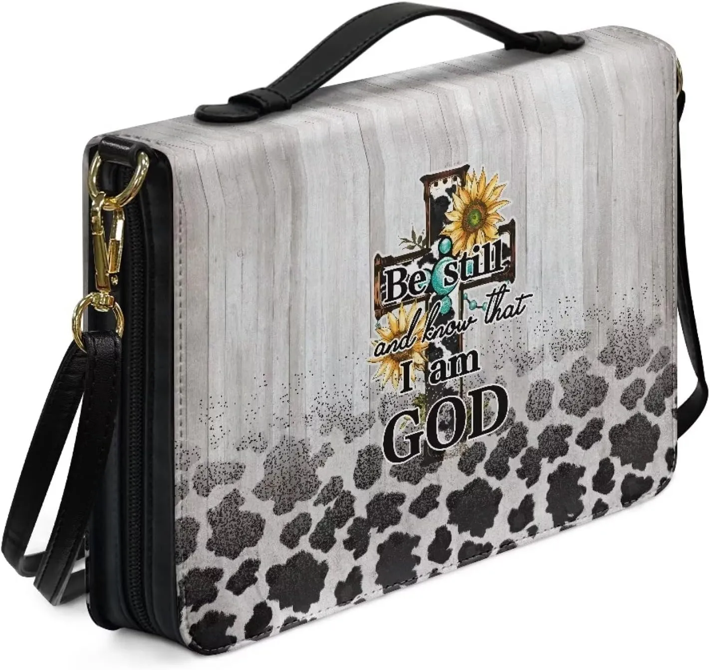 Cross Bible Cover for Women, Cow Print Leather Bible Tote Bag with Shoulder Strap, Sunflower Lightweight Bible Book Bag for Church (Be Still and Know that I am God), Grey, L