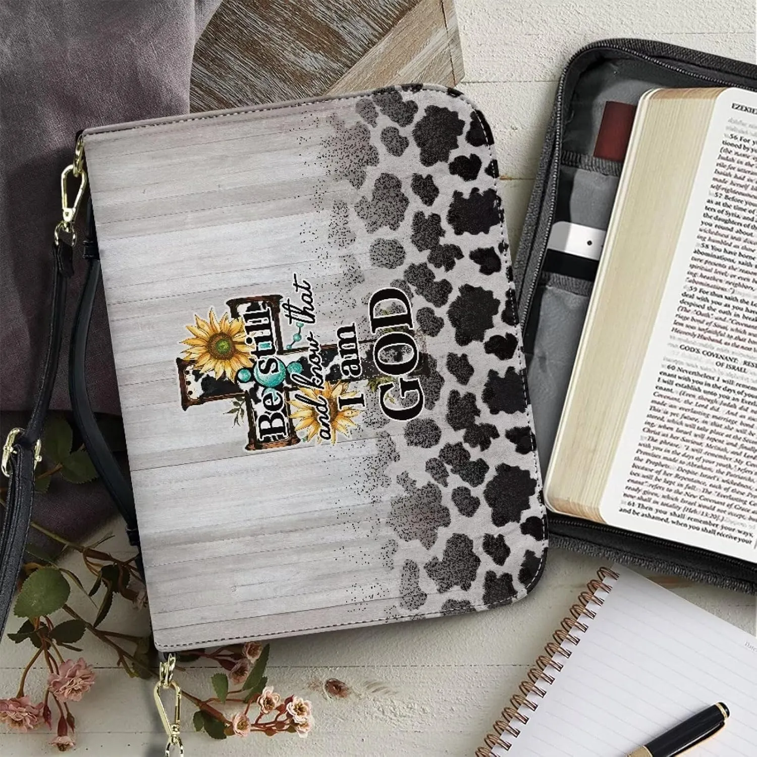 Cross Bible Cover for Women, Cow Print Leather Bible Tote Bag with Shoulder Strap, Sunflower Lightweight Bible Book Bag for Church (Be Still and Know that I am God), Grey, L