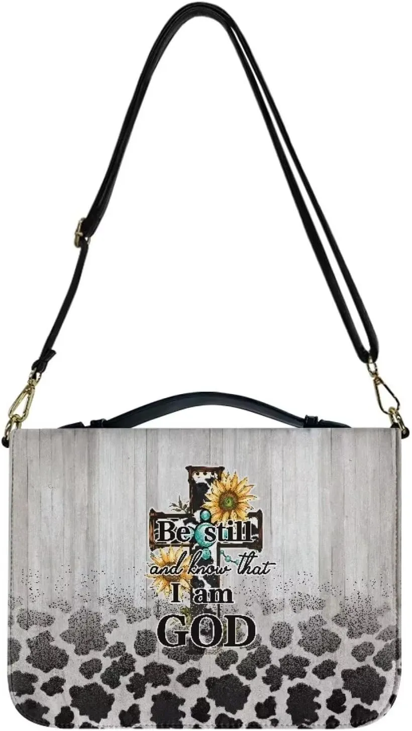 Cross Bible Cover for Women, Cow Print Leather Bible Tote Bag with Shoulder Strap, Sunflower Lightweight Bible Book Bag for Church (Be Still and Know that I am God), Grey, L