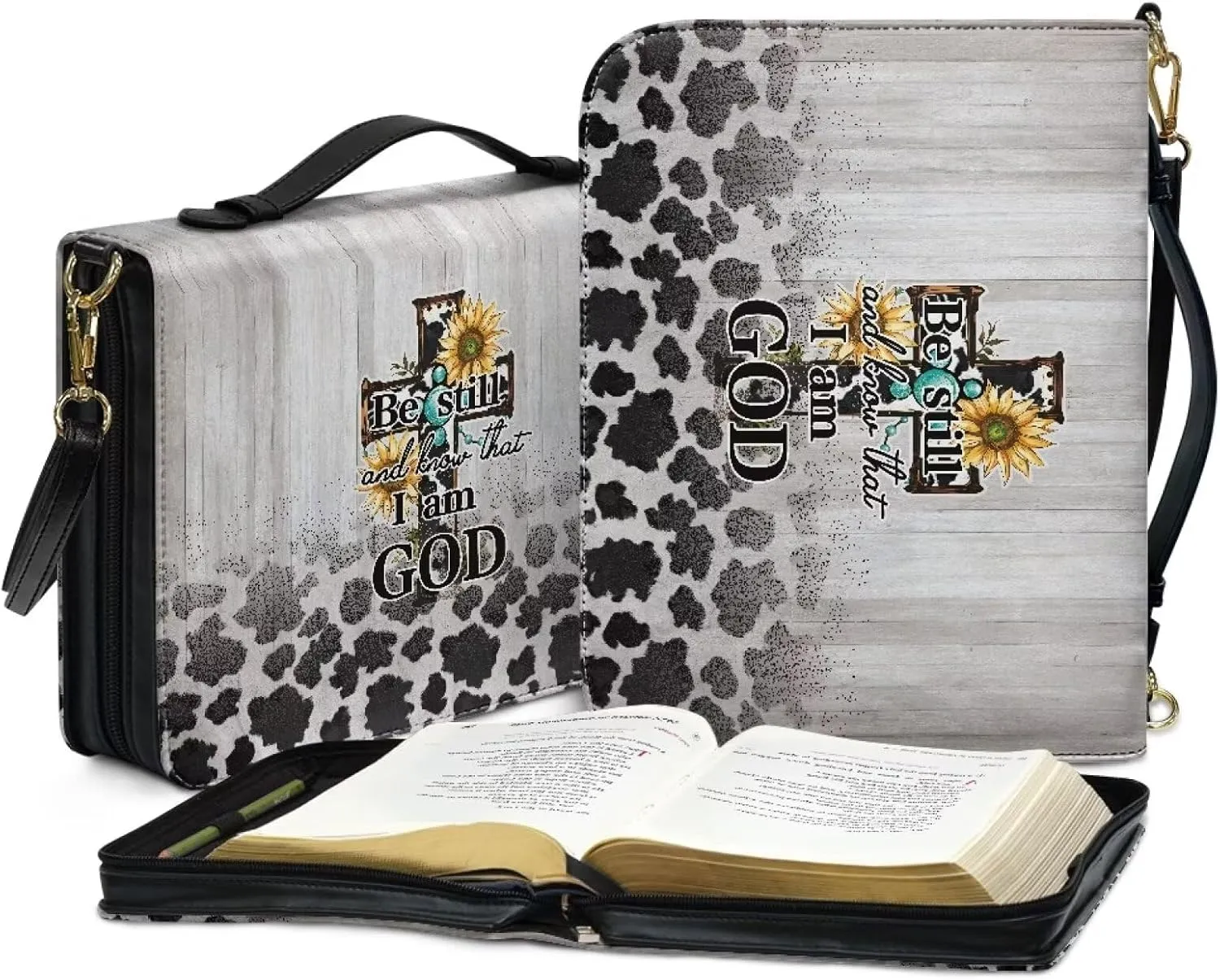 Cross Bible Cover for Women, Cow Print Leather Bible Tote Bag with Shoulder Strap, Sunflower Lightweight Bible Book Bag for Church (Be Still and Know that I am God), Grey, L
