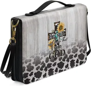 Cross Bible Cover for Women, Cow Print Leather Bible Tote Bag with Shoulder Strap, Sunflower Lightweight Bible Book Bag for Church (Be Still and Know that I am God), Grey, L