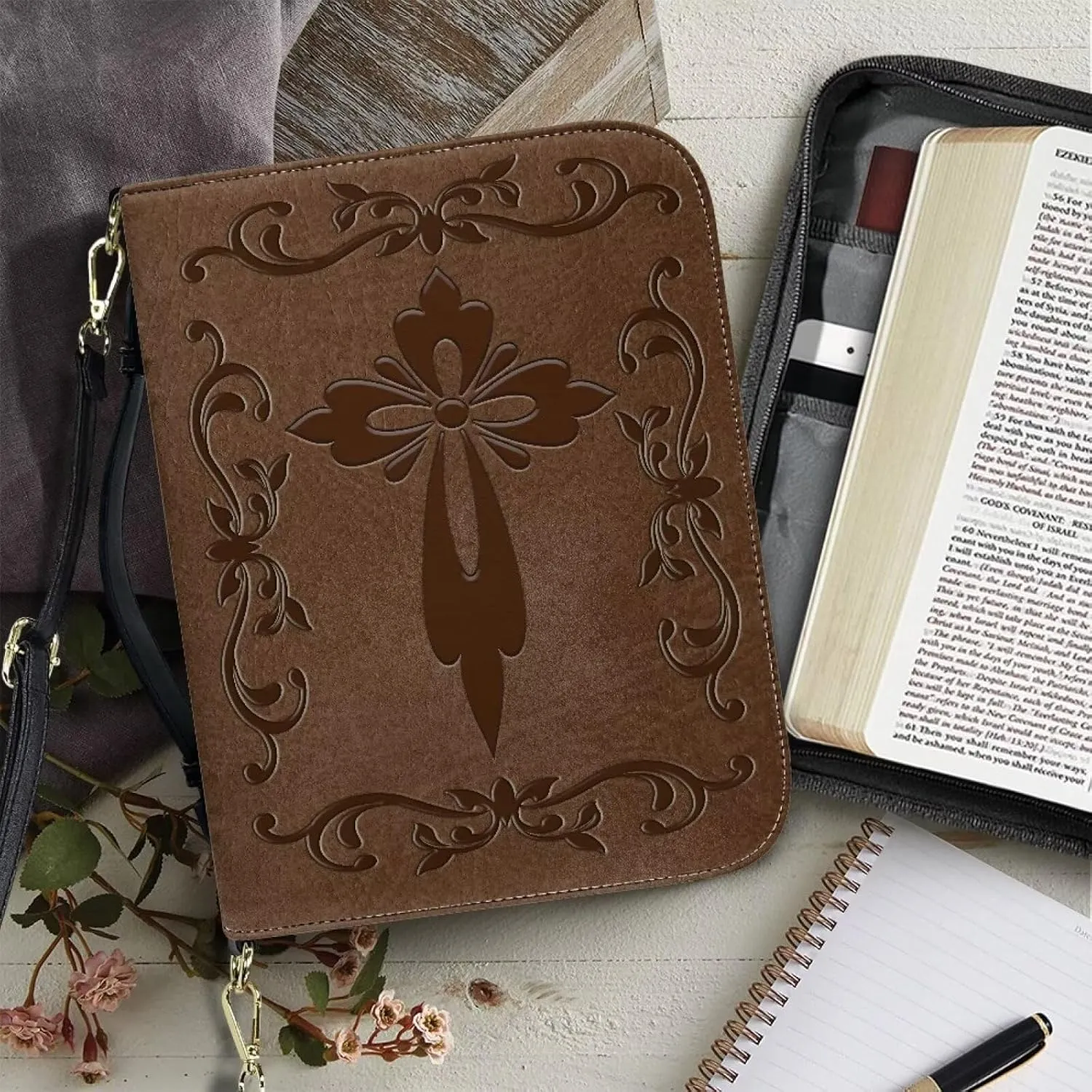 Cross Floral Pattern Bible Case Let Your Faith Be Bigger Bible Carrier Tote Bag Crossbody Shoulder Bag Church Bag Bible Protective, L