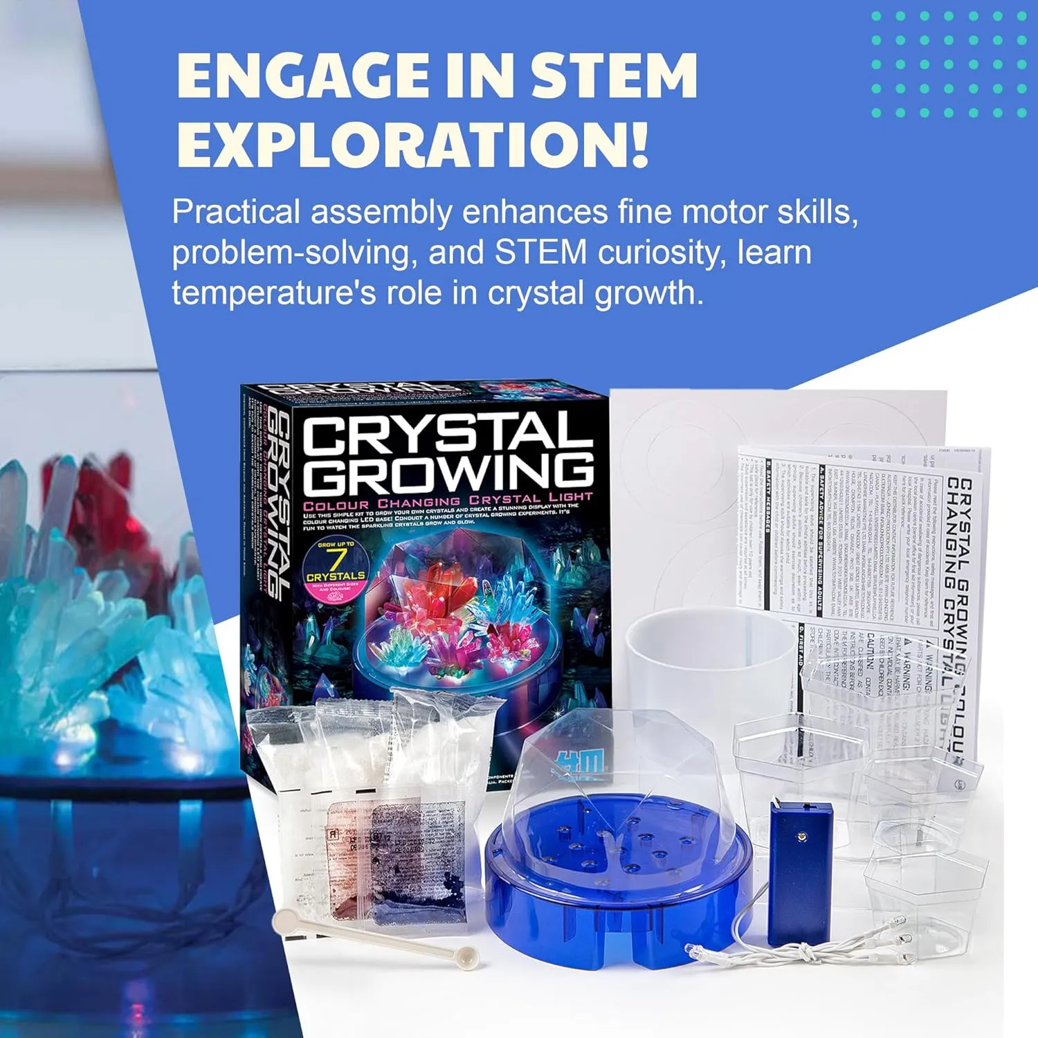 Crystal Growing - Colour Changing Crystals Light - Crystal Growing Kit with LED Lights, STEM Kits Learning for Kids, Create Unique Designs and Vibrant Displays, Safe Non-Toxic Materials