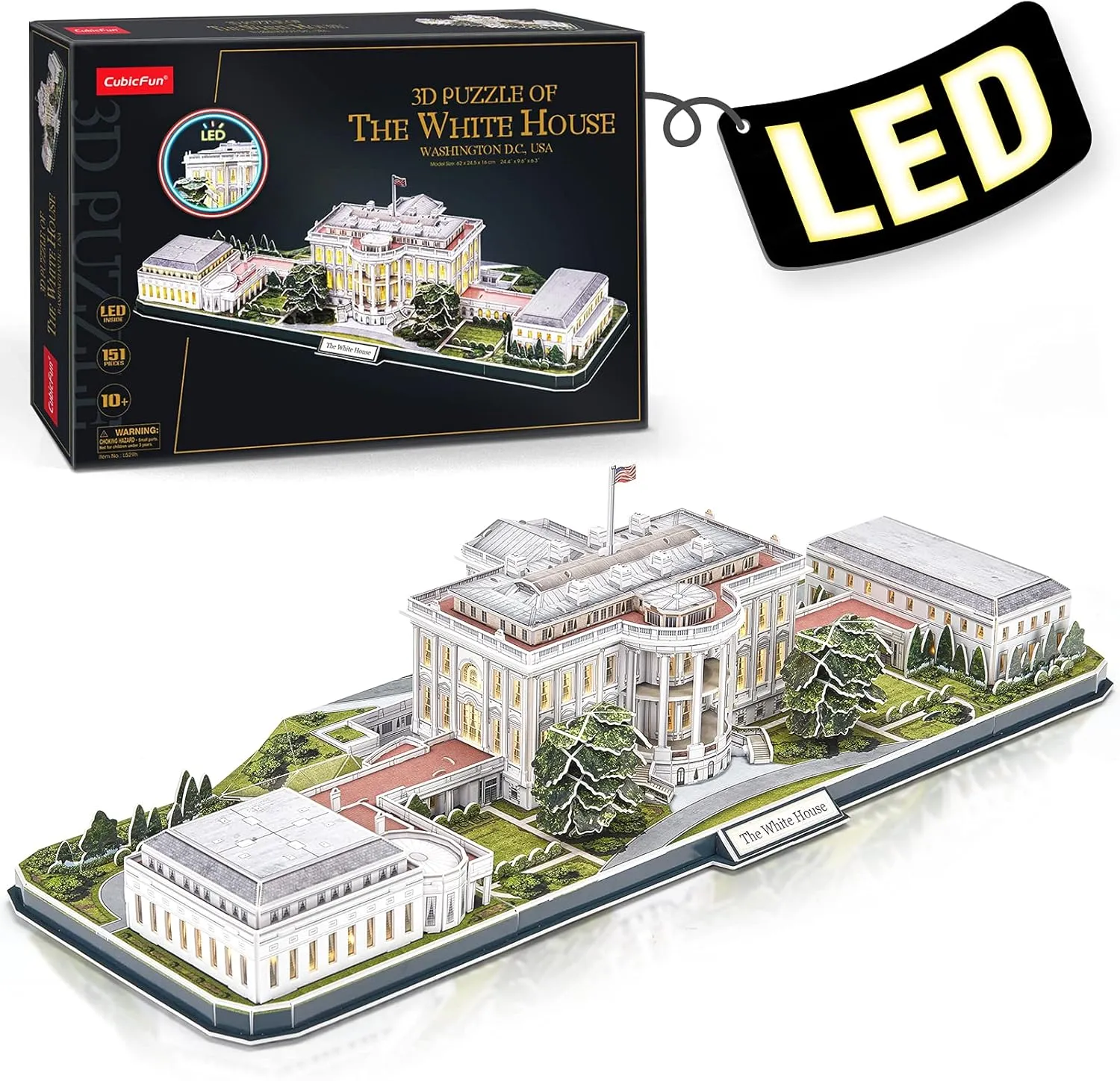 CubicFun 3d Puzzles for Adults LED Rotatable White House with Detailed Interior Model Kit, Lighting 3d Puzzle US Architecture Building Family Puzzle Desk Decor Birthday Gifts for Women Men, 151 Pieces