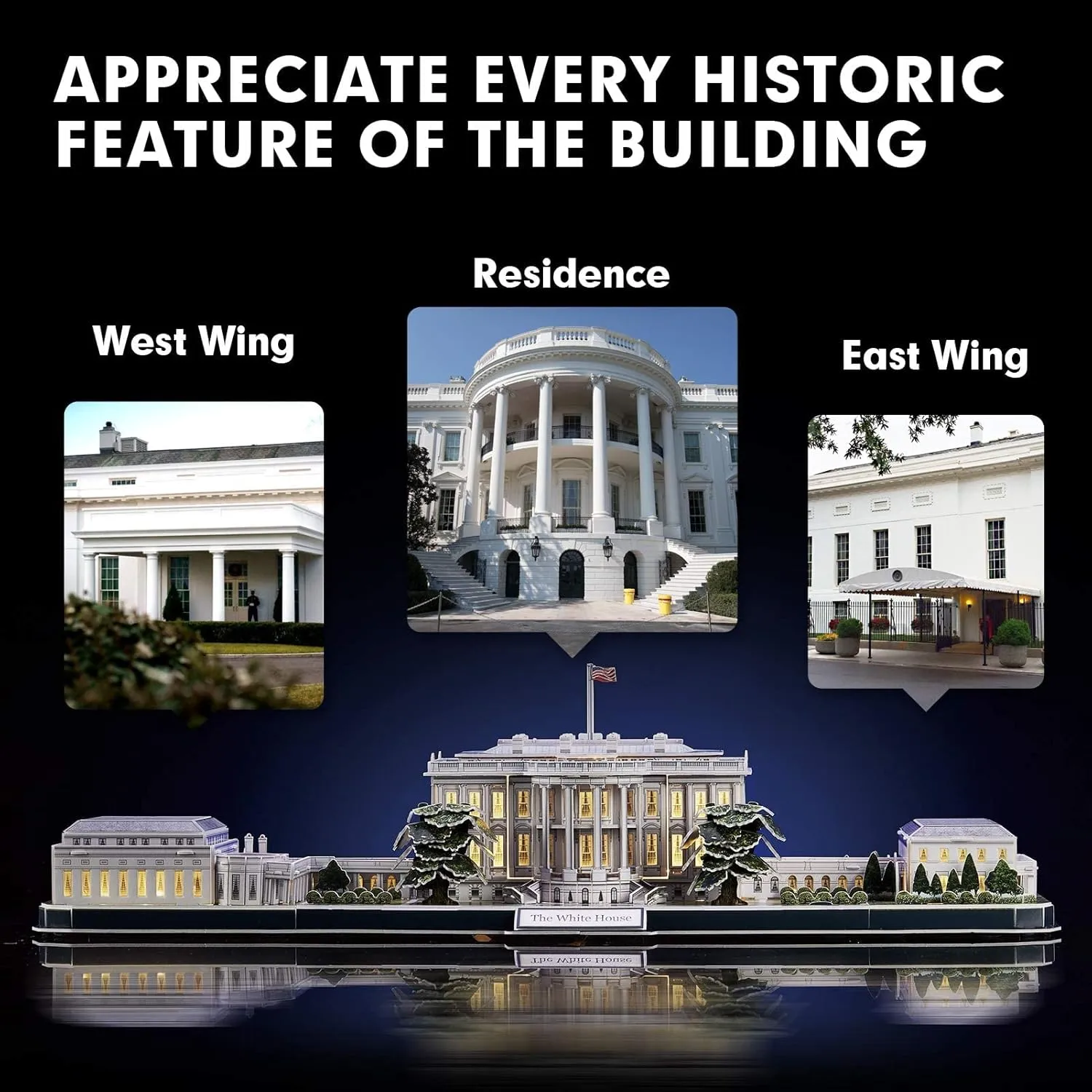 CubicFun 3d Puzzles for Adults LED Rotatable White House with Detailed Interior Model Kit, Lighting 3d Puzzle US Architecture Building Family Puzzle Desk Decor Birthday Gifts for Women Men, 151 Pieces