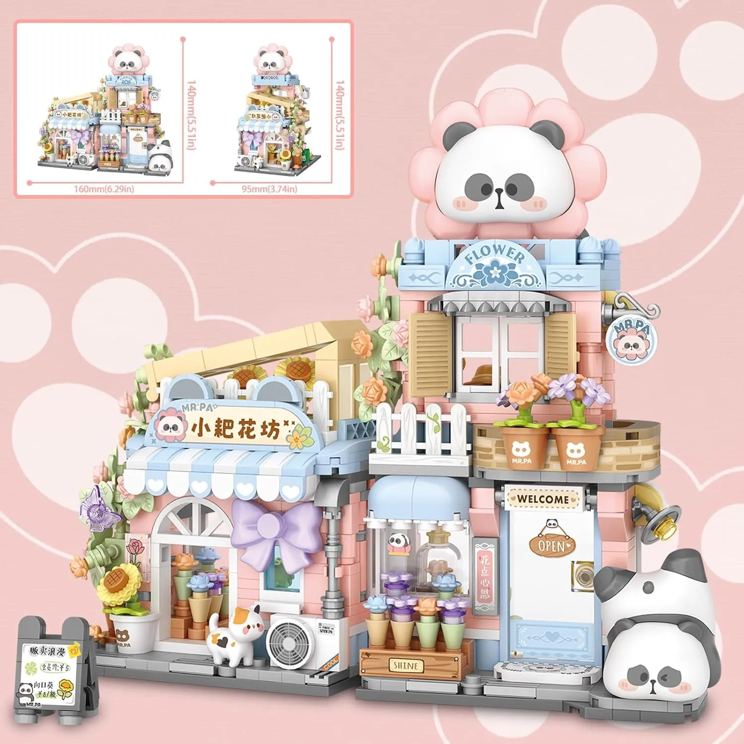 Cute Panda Mini Building Blocks Set, 810PCS MOC Mini Architecture Building Kits with Flower Shop Street View Design - STEM Educational Construction Gift for Girls Boys Kids Adults
