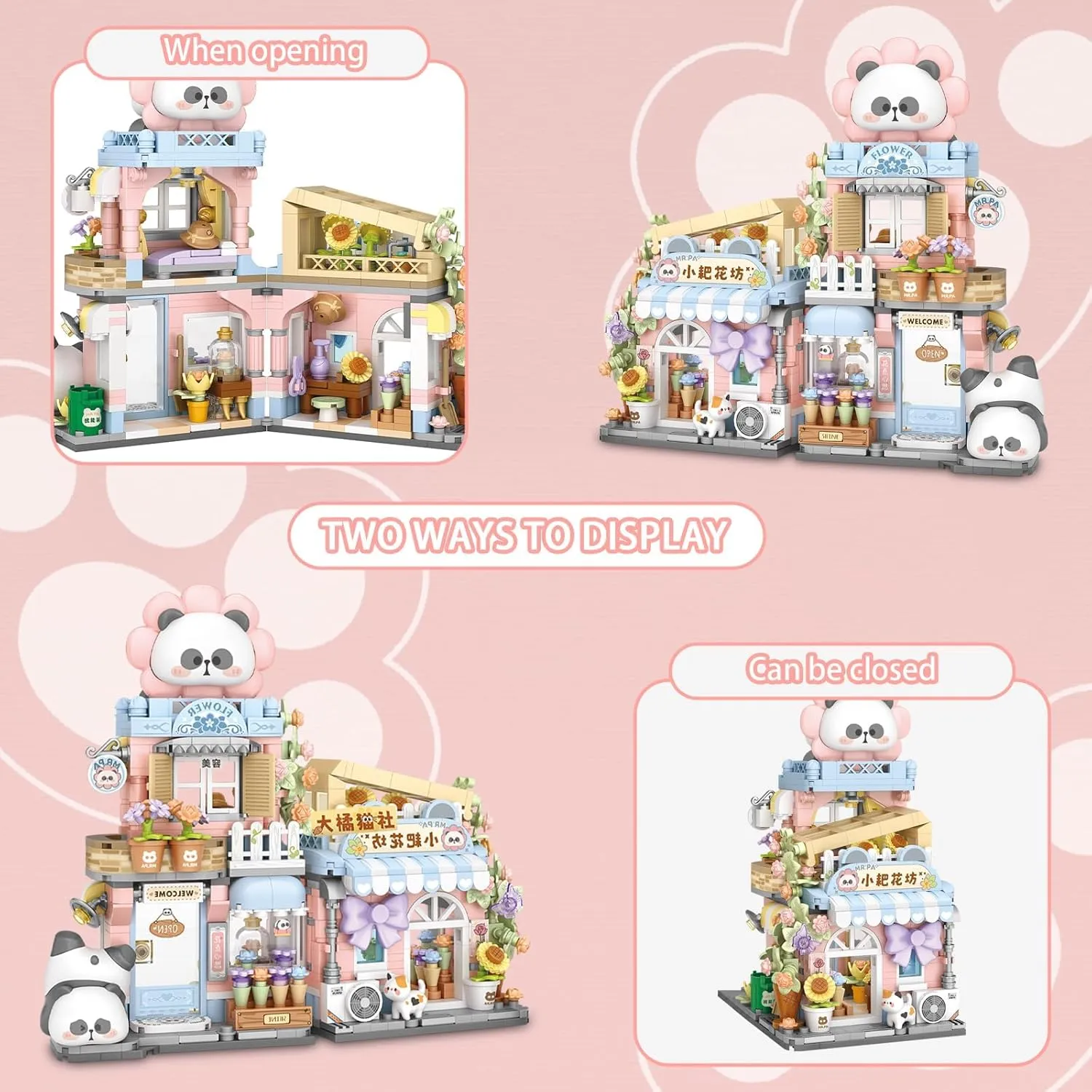 Cute Panda Mini Building Blocks Set, 810PCS MOC Mini Architecture Building Kits with Flower Shop Street View Design - STEM Educational Construction Gift for Girls Boys Kids Adults