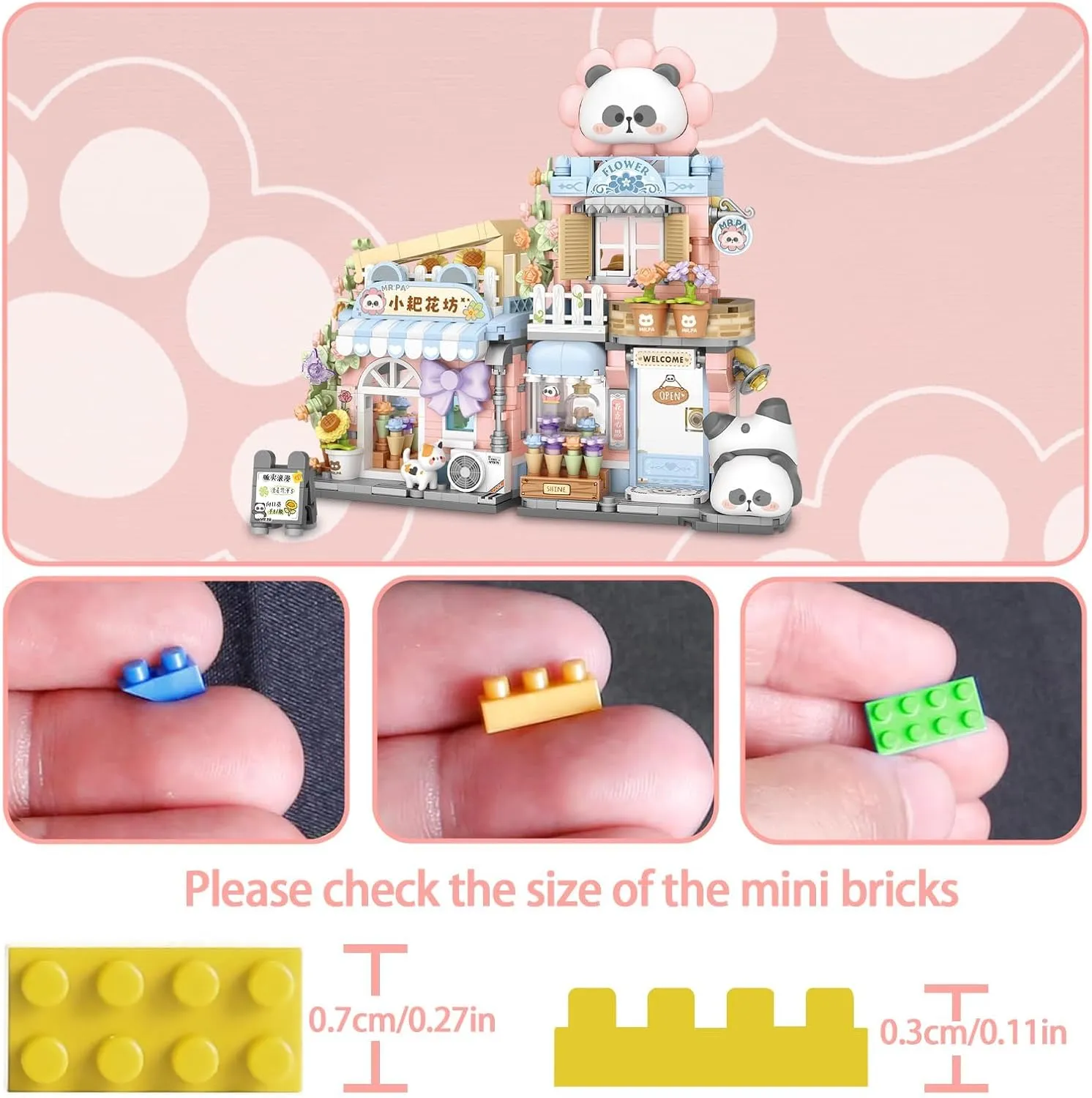 Cute Panda Mini Building Blocks Set, 810PCS MOC Mini Architecture Building Kits with Flower Shop Street View Design - STEM Educational Construction Gift for Girls Boys Kids Adults