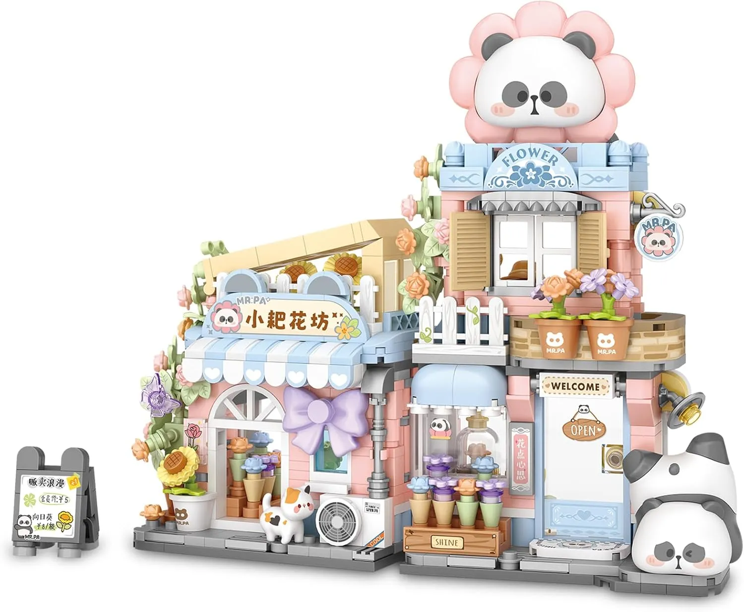 Cute Panda Mini Building Blocks Set, 810PCS MOC Mini Architecture Building Kits with Flower Shop Street View Design - STEM Educational Construction Gift for Girls Boys Kids Adults
