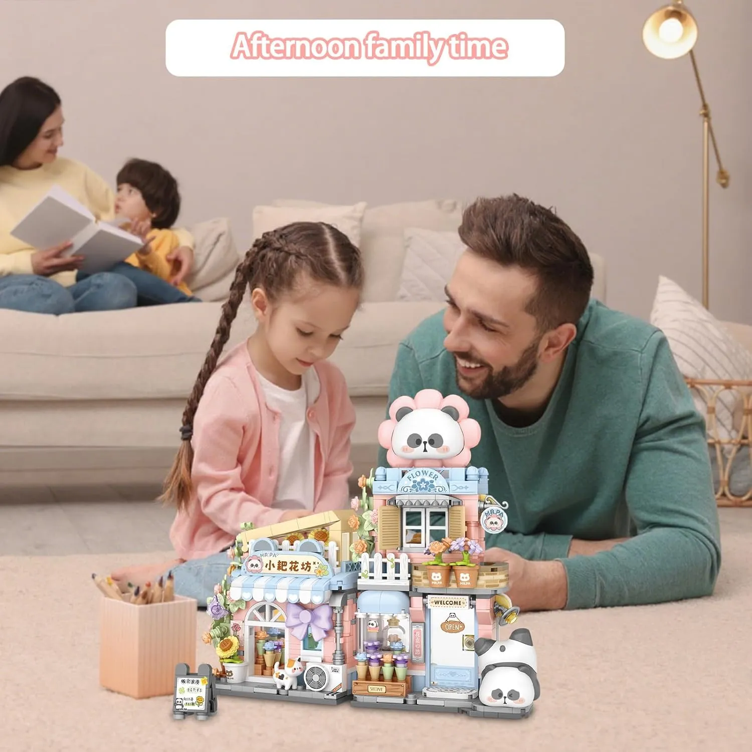 Cute Panda Mini Building Blocks Set, 810PCS MOC Mini Architecture Building Kits with Flower Shop Street View Design - STEM Educational Construction Gift for Girls Boys Kids Adults