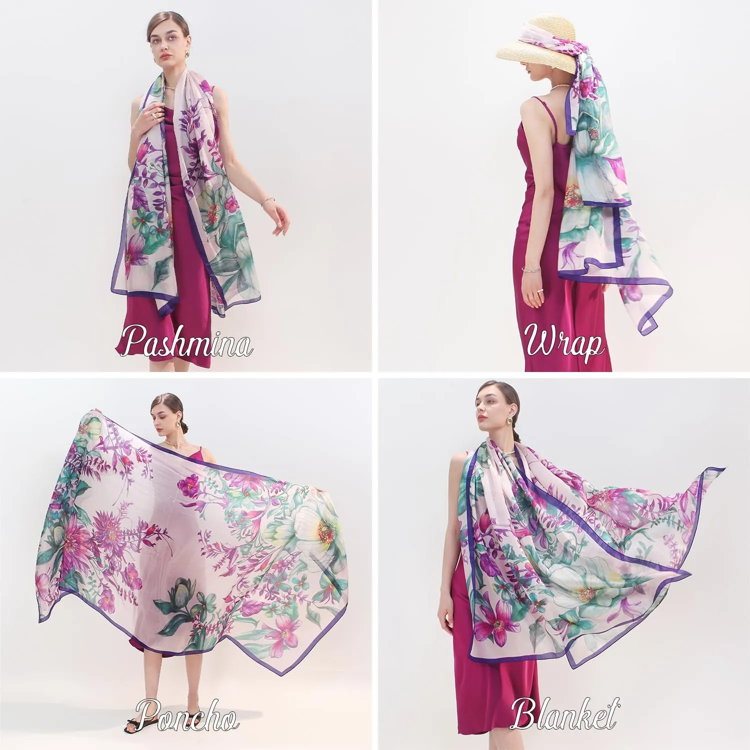 DANA XU Women's 100% Mulberry Satin Silk Pashmina Shawl Wraps Extra Large Floral Scarf for Evening Dresses, Soft Oversized