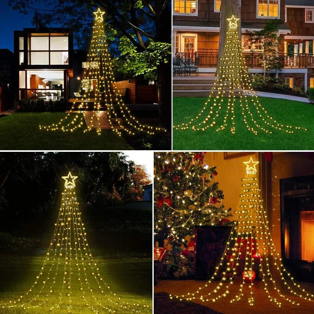 DANLI Christmas Star String Lights Outdoor, 320 LED With Timer [8 Mode/IP44 Waterproof] Decoration Fairy Indoor, 9x12FT Topper for Xmas New Year Wedding Patio Yard