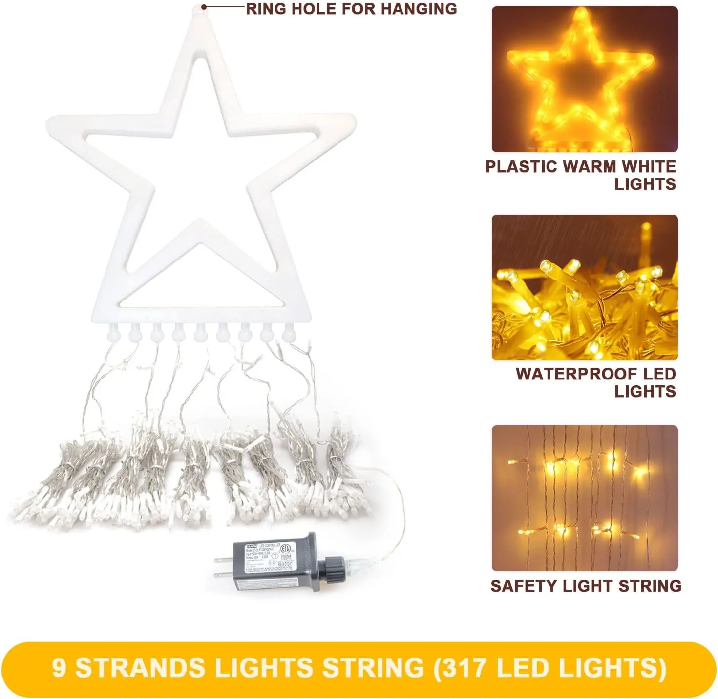 DANLI Christmas Star String Lights Outdoor, 320 LED With Timer [8 Mode/IP44 Waterproof] Decoration Fairy Indoor, 9x12FT Topper for Xmas New Year Wedding Patio Yard