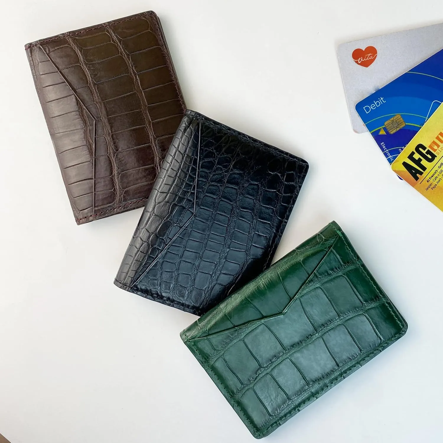Dark Brown Alligator Credit Card Holder Minimalist Bifold Wallet Crocodile Double Side Exotic Leather Slim Executive Business Luxury RFID Blocking Travel ID Case Front Pocket Gift For Men