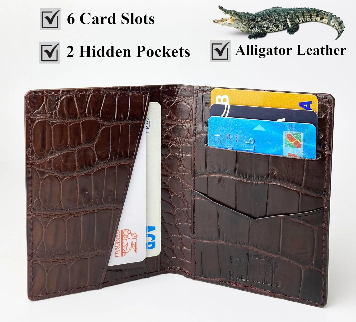 Dark Brown Alligator Credit Card Holder Minimalist Bifold Wallet Crocodile Double Side Exotic Leather Slim Executive Business Luxury RFID Blocking Travel ID Case Front Pocket Gift For Men