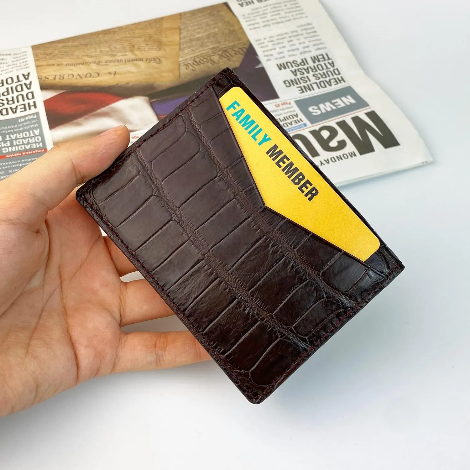 Dark Brown Alligator Credit Card Holder Minimalist Bifold Wallet Crocodile Double Side Exotic Leather Slim Executive Business Luxury RFID Blocking Travel ID Case Front Pocket Gift For Men