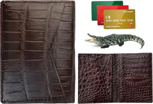 Dark Brown Alligator Credit Card Holder Minimalist Bifold Wallet Crocodile Double Side Exotic Leather Slim Executive Business Luxury RFID Blocking Travel ID Case Front Pocket Gift For Men