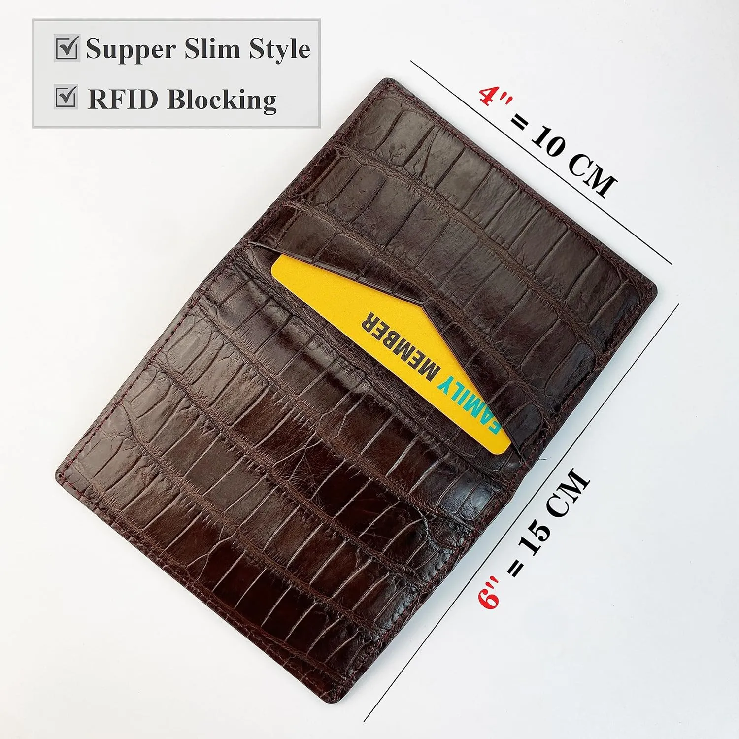 Dark Brown Alligator Credit Card Holder Minimalist Bifold Wallet Crocodile Double Side Exotic Leather Slim Executive Business Luxury RFID Blocking Travel ID Case Front Pocket Gift For Men