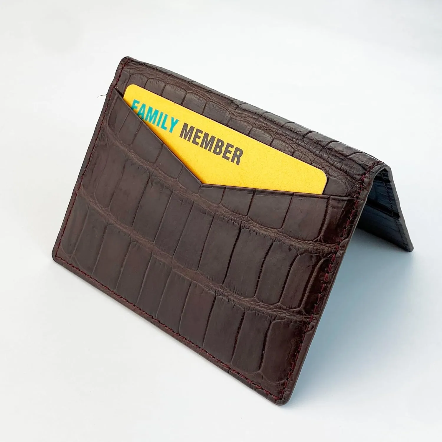 Dark Brown Alligator Credit Card Holder Minimalist Bifold Wallet Crocodile Double Side Exotic Leather Slim Executive Business Luxury RFID Blocking Travel ID Case Front Pocket Gift For Men