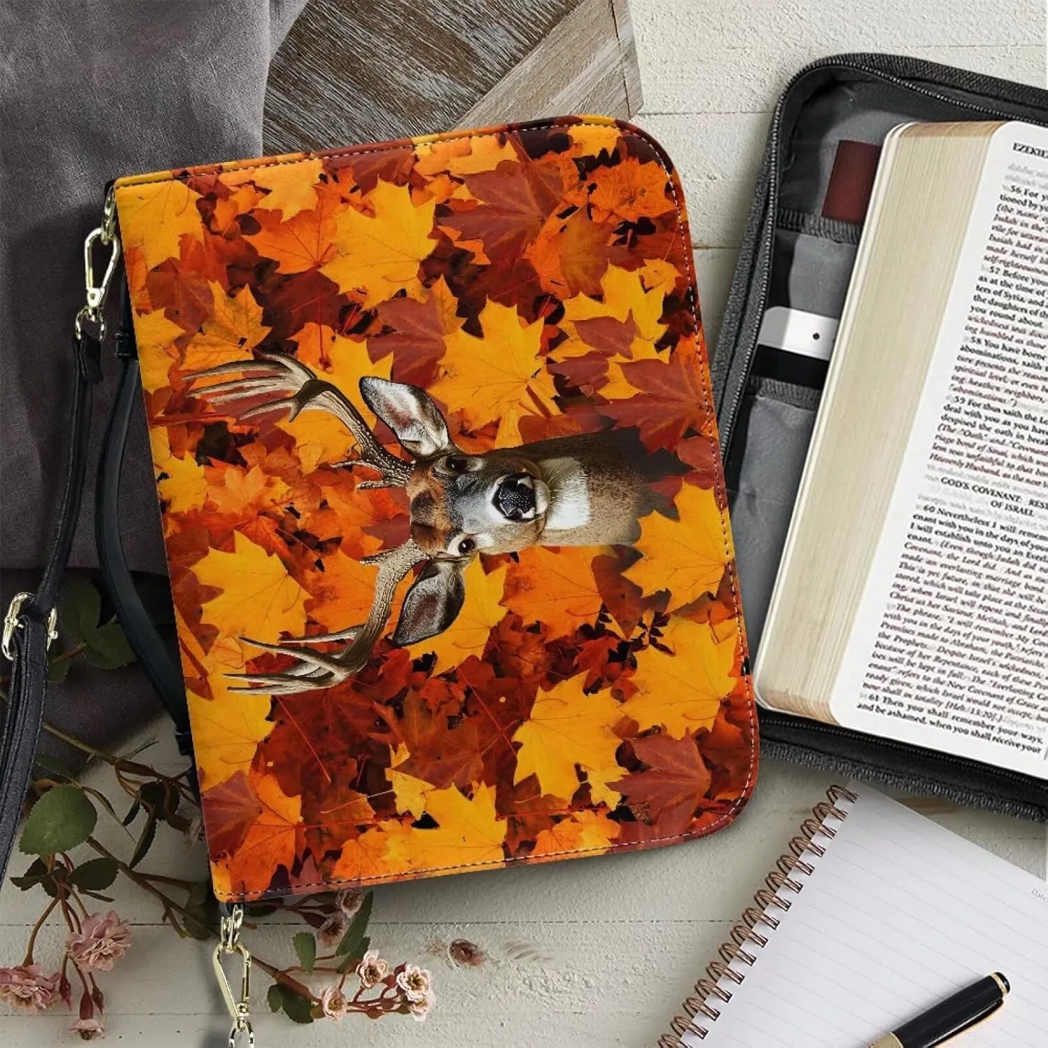 Deer Maple Leaf Pattern Bible Cover Case Multifunctional Study Bible Case Large Capacity Crossbody Bag Bible Journaling Supplies Christian Bible Accessories, 2XL