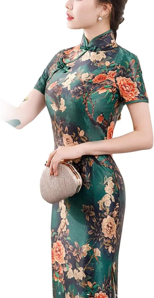 Deluxe Maxi Cheongsam Cap Sleeve Manarin Collar Slim Fit Side Slit Chinese Qipao Dress Evening Party Formal Wear