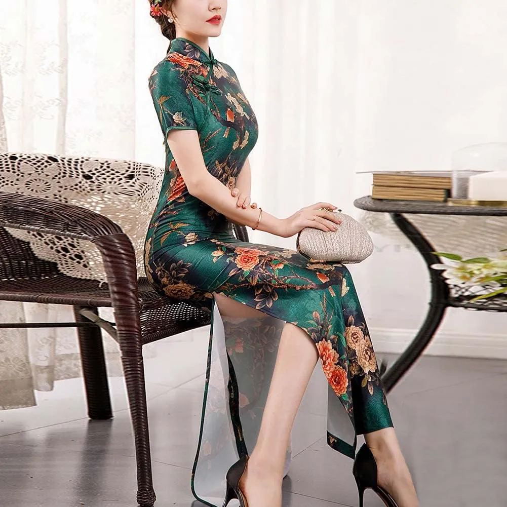 Deluxe Maxi Cheongsam Cap Sleeve Manarin Collar Slim Fit Side Slit Chinese Qipao Dress Evening Party Formal Wear