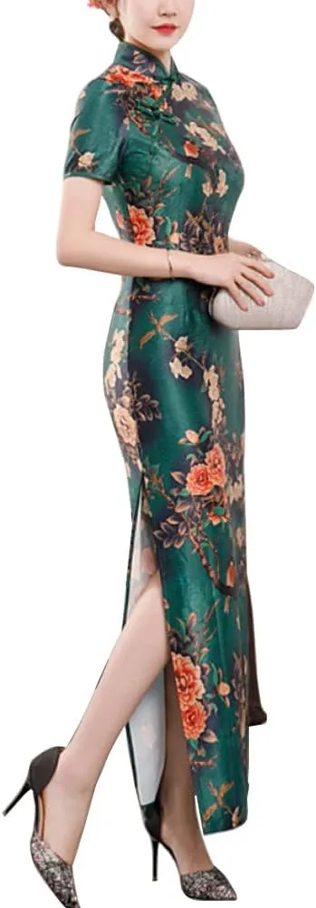 Deluxe Maxi Cheongsam Cap Sleeve Manarin Collar Slim Fit Side Slit Chinese Qipao Dress Evening Party Formal Wear