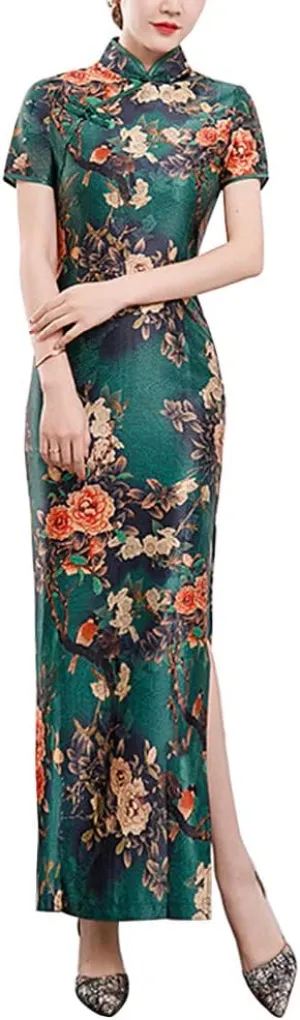 Deluxe Maxi Cheongsam Cap Sleeve Manarin Collar Slim Fit Side Slit Chinese Qipao Dress Evening Party Formal Wear